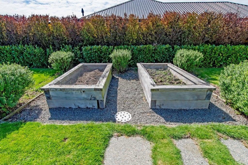 Two timber raised vegetable beds, weathered silver, on a gravel base framed by clipped hedging