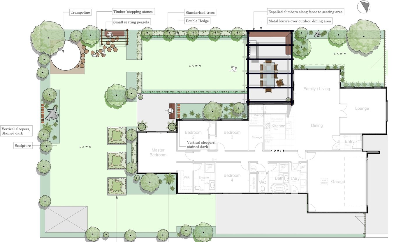 Concept plan showing lawn, hedging, a seating pergola, outdoor dining area and stepping stones