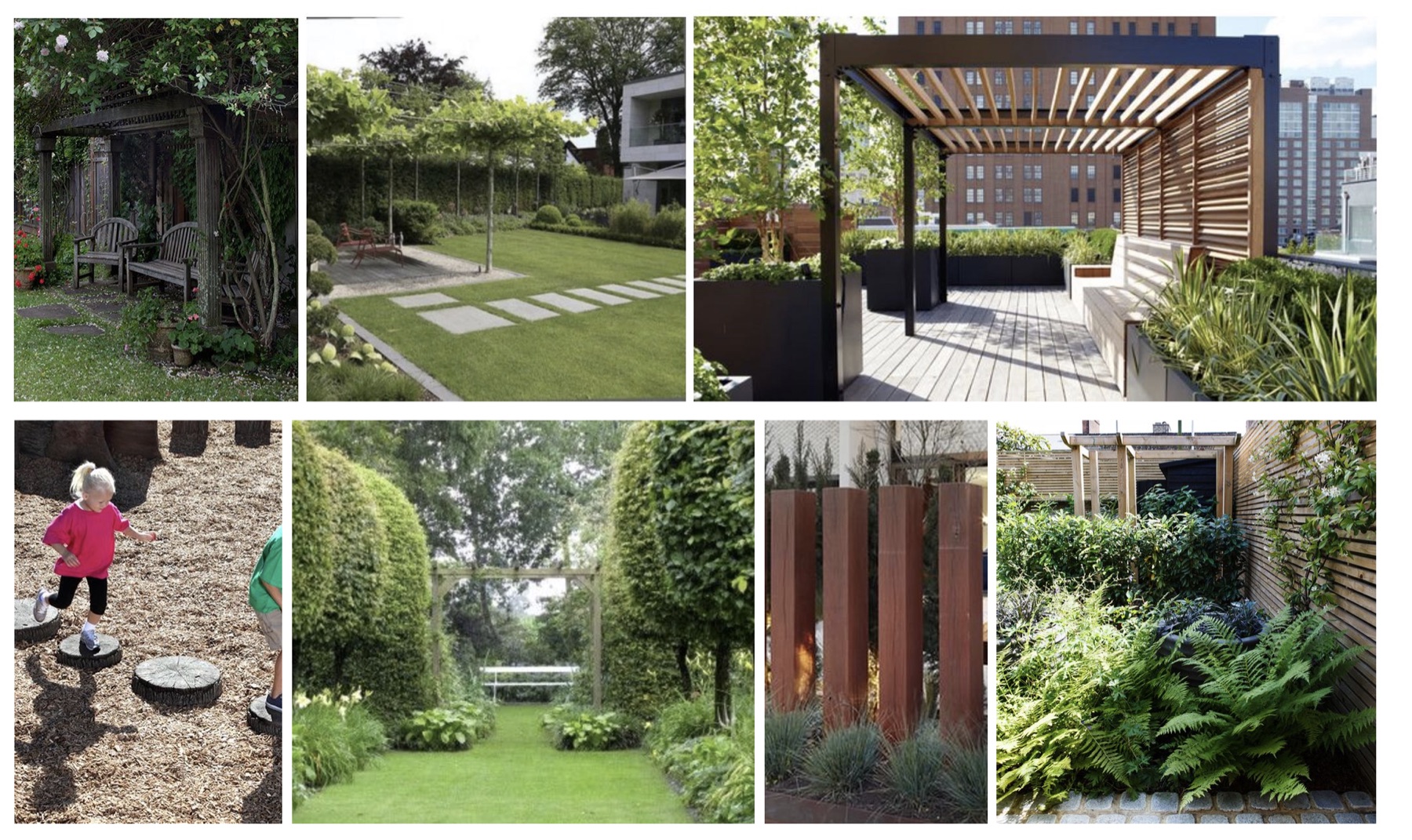 Look and feel board — reference photographs showing the intended character of the garden: pergolas, pleached trees over lawn, clipped hedging, log stepping stones and fern planting
